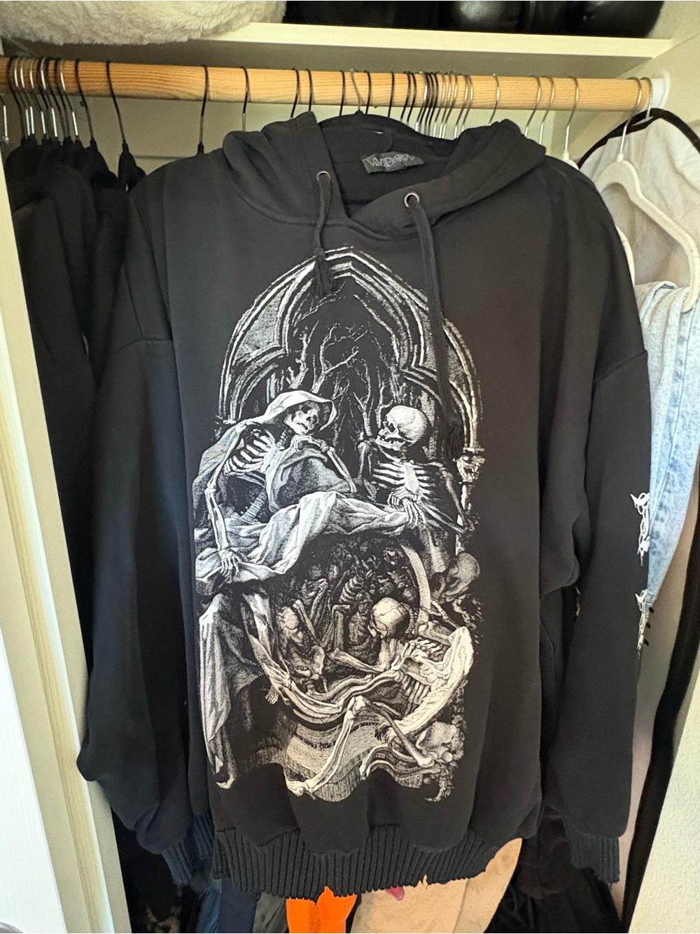 Dolls Kill Black Hoodie with White Gothic Skeleton Artwork